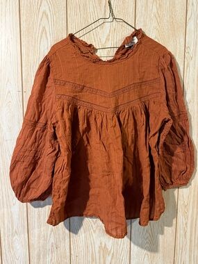 Universal Thread Rust Orange Peasant Blouse with Lace Yoke